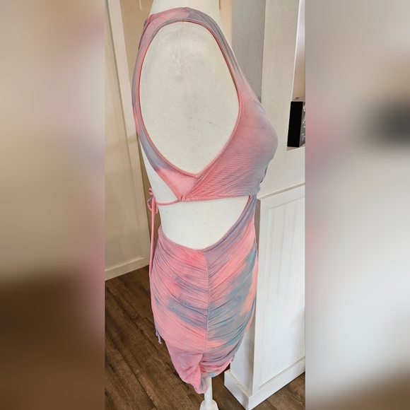 Lightly Worn- FASHION NOVA -Multi-colored Mesh Bodycon Sheath- Tie Back -Size S - Picture 2 of 5